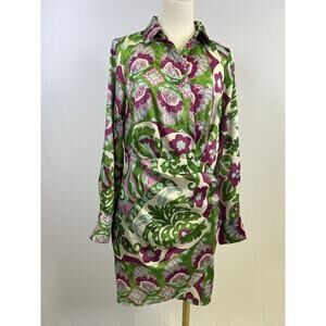 Women’s Mango Midi Dress Size 6 Long Sleeve V Neck Faux Wrap Print White Green